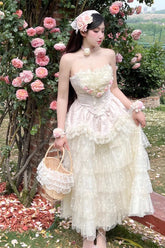 Ensemble de robe maxi jupe Lolita élégante et douce avec nœud en dentelle et volants de la déesse de l'amour à fleur rose